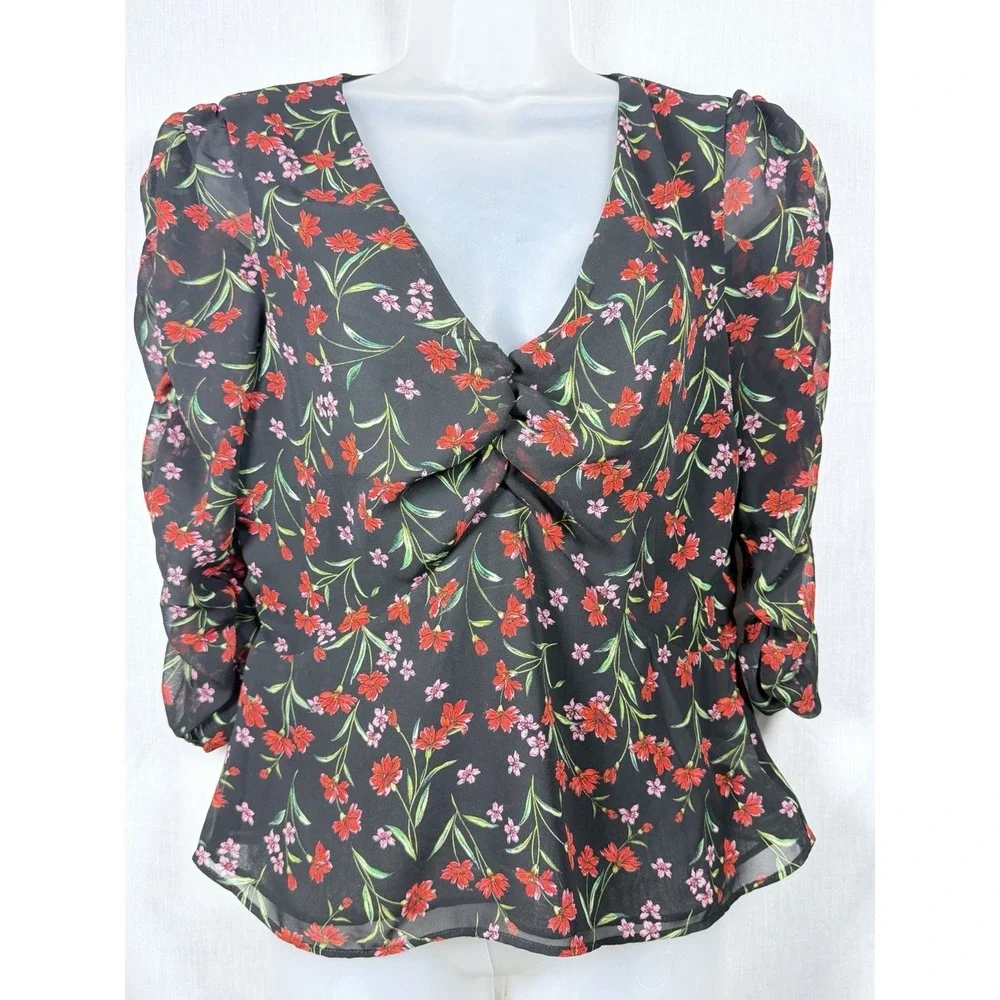 Banana‎ Republic Floral Twist Front Blouse M Ruched Puff Sleeve Sheer Romantic